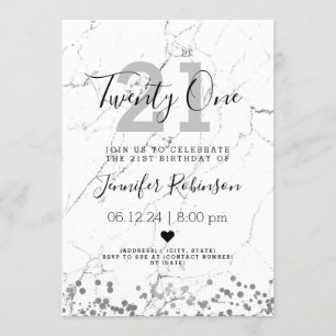 Simple 21st Birthday Party Silver Marble Invitation