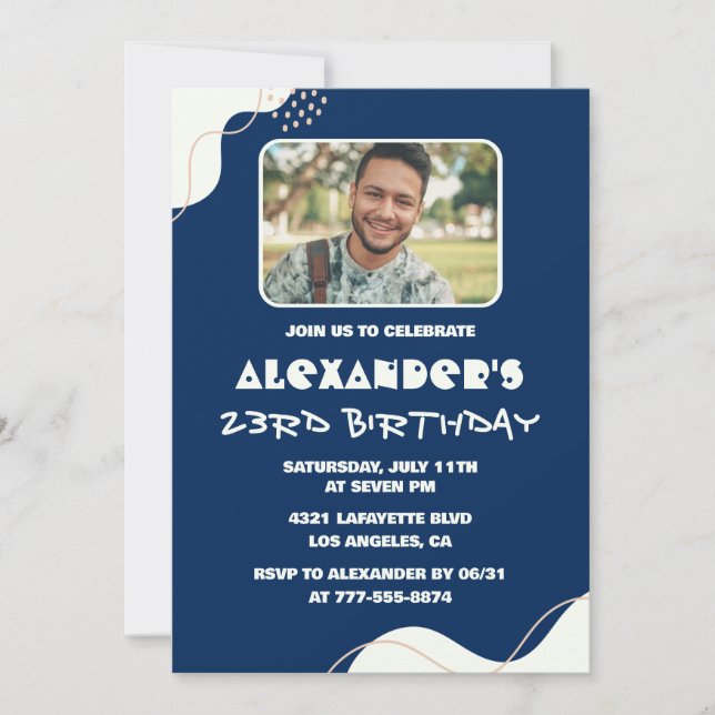 Simple 23rd birthday invitations Men Photo Navy (Front)