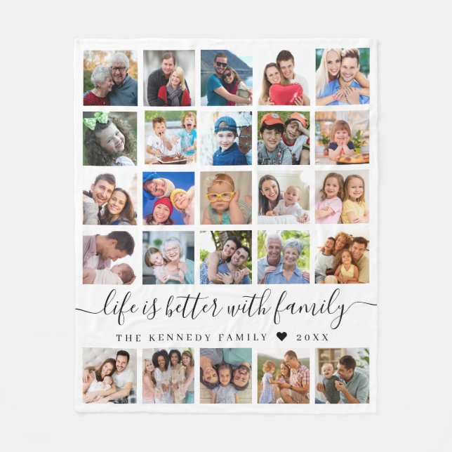 Simple 25 Photo Collage Life Quote Family Name  Fleece Blanket (Front)