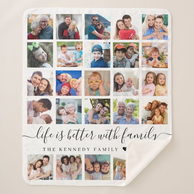 Simple 25 Photo Collage Life Quote Family Name  Sherpa Blanket (Front)