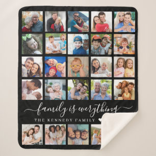 Simple 25 Photo Collage Quote Family Name Black Sherpa Blanket