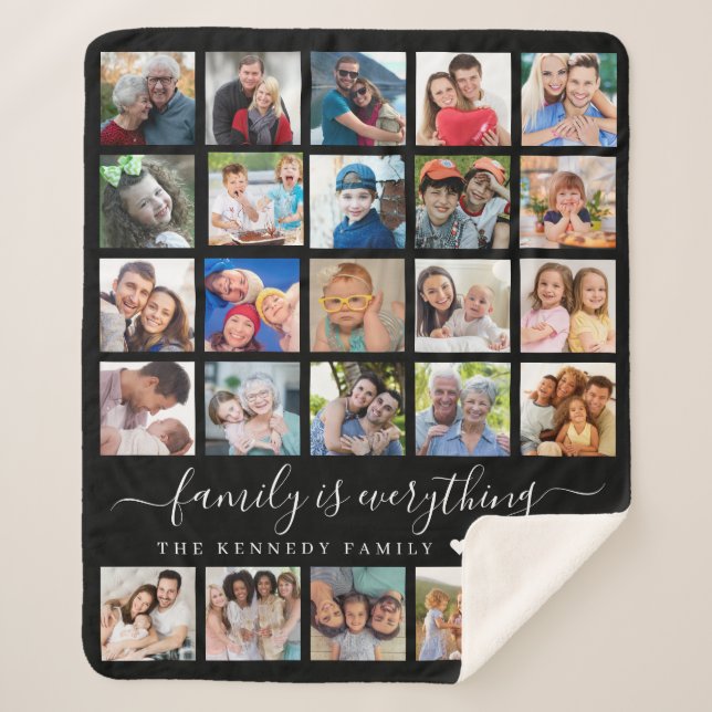 Simple 25 Photo Collage Quote Family Name Black Sherpa Blanket (Front)