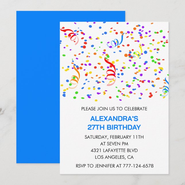Simple 27th birthday invitations Confetti Rainbow (Front/Back)