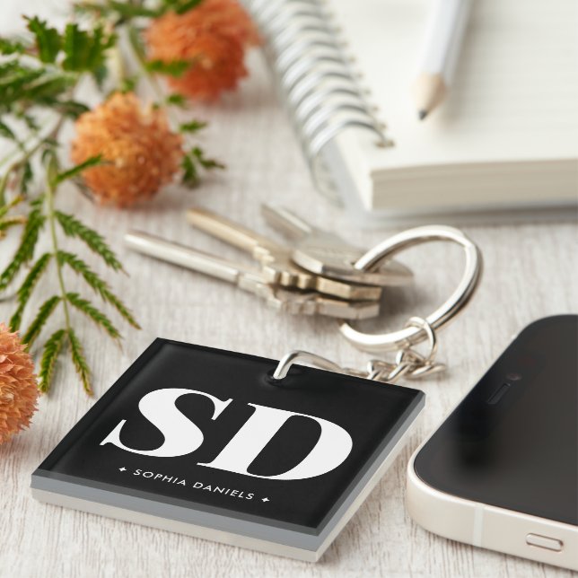 Simple 2 Monogram Initial Retro Black White Key Ring (Front Right)