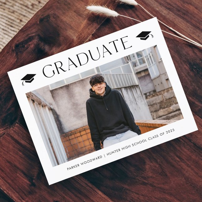 Simple 2 Photo Budget Graduation Invitation (Simple black and white cap budget 2 photo graduation invitation announcement card.)