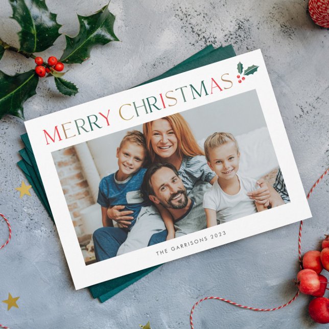 Simple 2 Photo Colourful Merry Christmas Holiday Card (Colorful Merry Christmas Holiday Card with Horizontal Photo and Holly Branch Accent.)