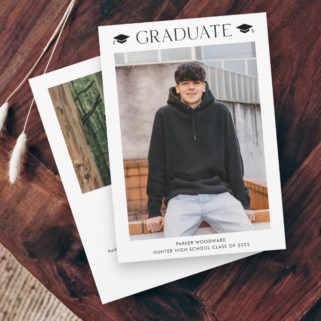 Simple 2 Photo Graduation Invitation (Simple black and white graduation cap photo graduation invitations.)
