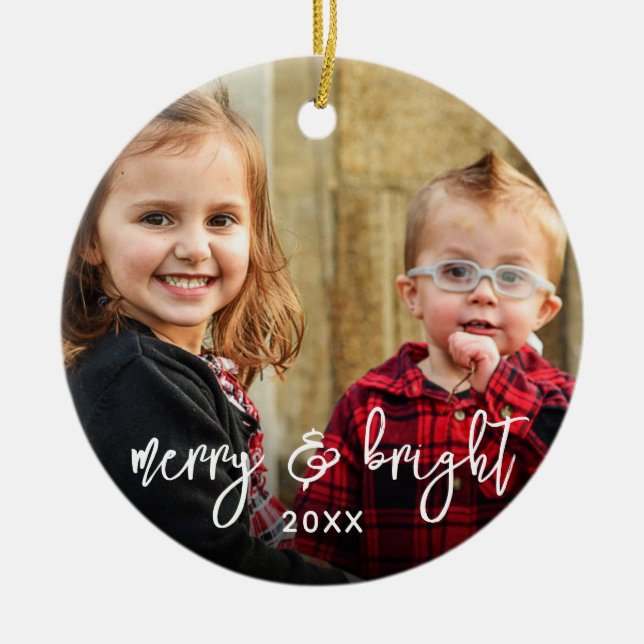 Simple 2 Photo Merry Christmas Holiday Name Modern Ceramic Tree Decoration (Front)