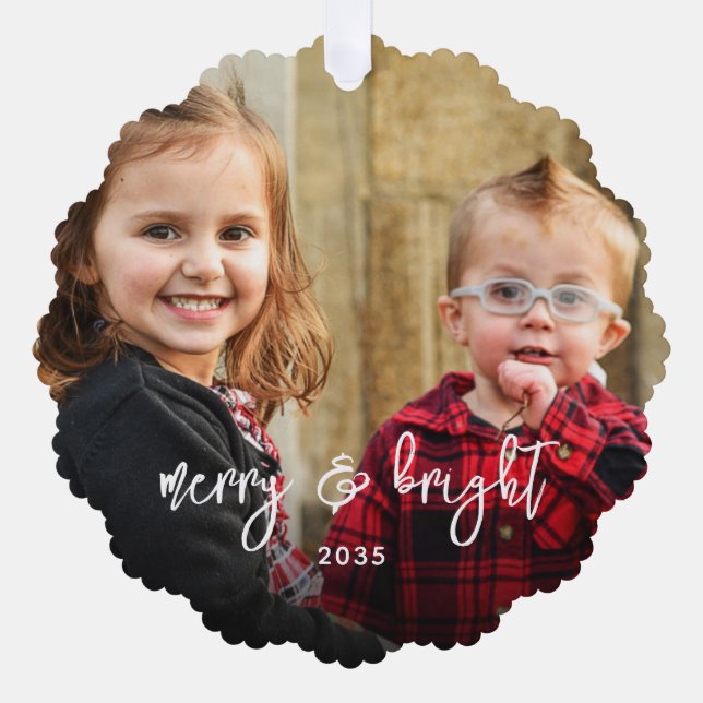 Simple 2 Photo Merry Christmas Holiday Name Modern Tree Decoration Card (Front)