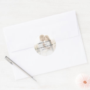 Simple 2 Photo Overlay Calligraphy Wedding Classic Round Sticker