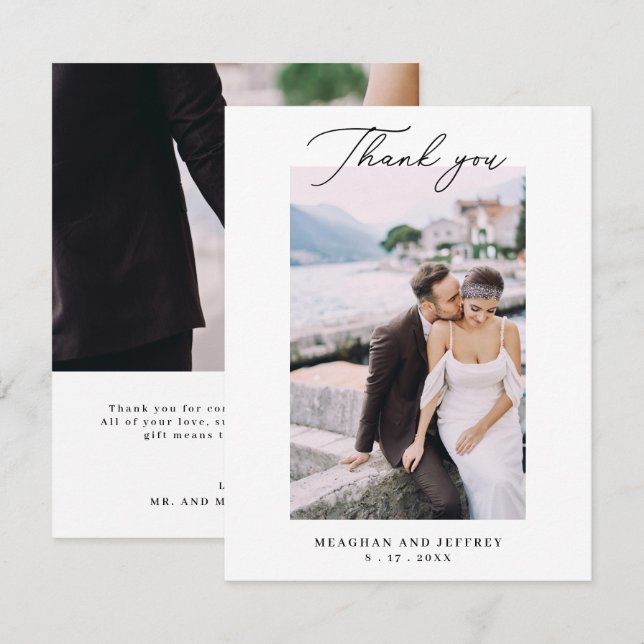 Simple 2 Photo Typography Heart Message Wedding Thank You Card (Front/Back)
