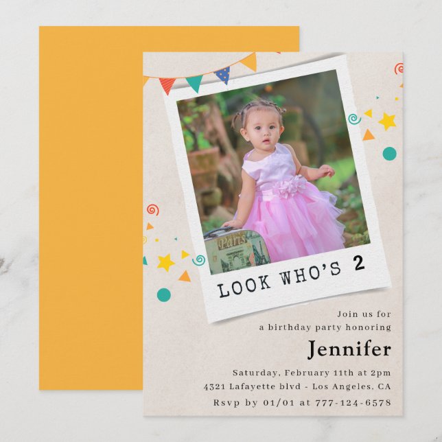 Simple 2nd birthday invitations Girl Orange Photo (Front/Back)