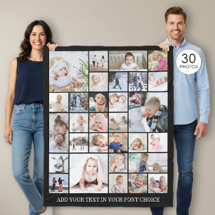 Simple 30 Photo Collage Custom Colour and Text Fleece Blanket