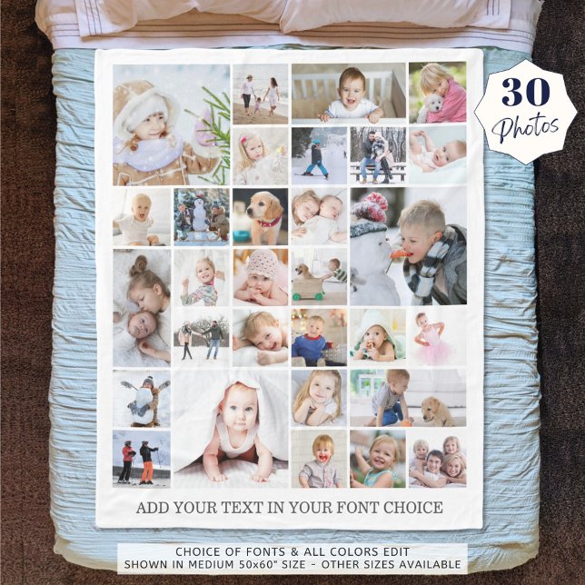 Simple 30 Photo Collage Custom Colour and Text Fleece Blanket (Creator Uploaded)