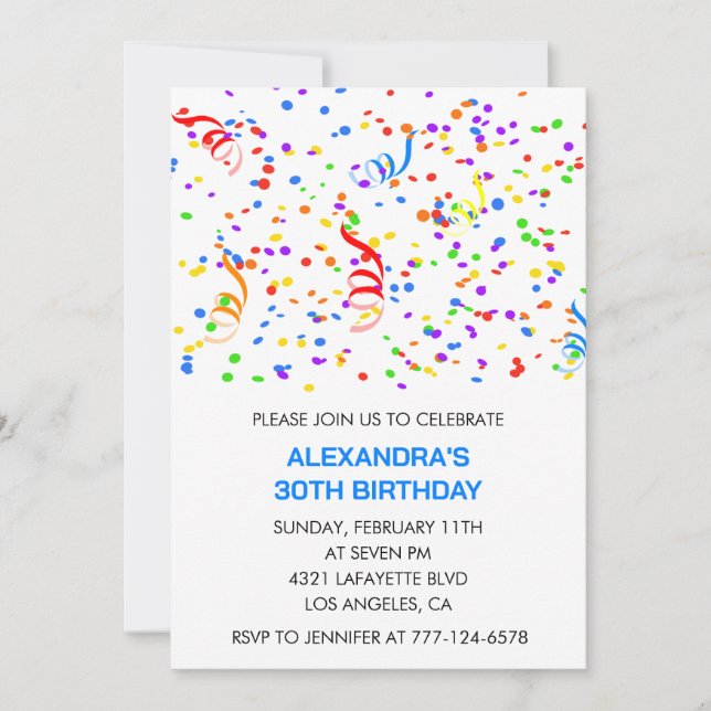 Simple 30th birthday invitations Confetti Rainbow (Front)