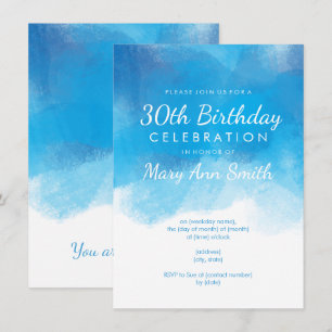 Simple 30th Birthday Party Blue Watercolor Invitation