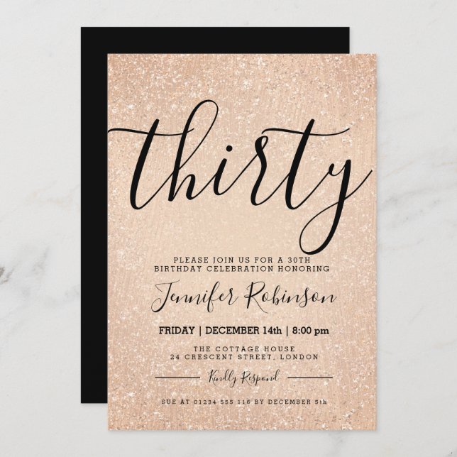 Simple 30th Birthday Rose Gold Glitter Paint Invitation (Front/Back)