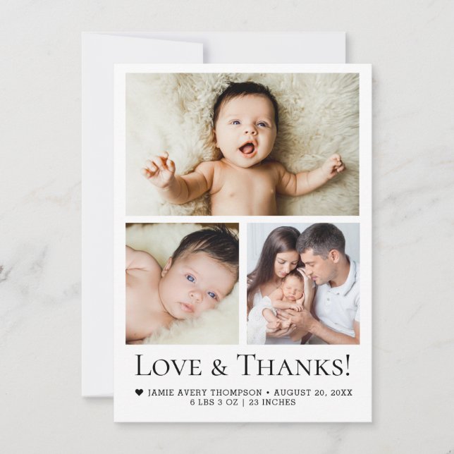 Simple 3 Custom Baby Photos Modern Collage Thank You Card (Front)