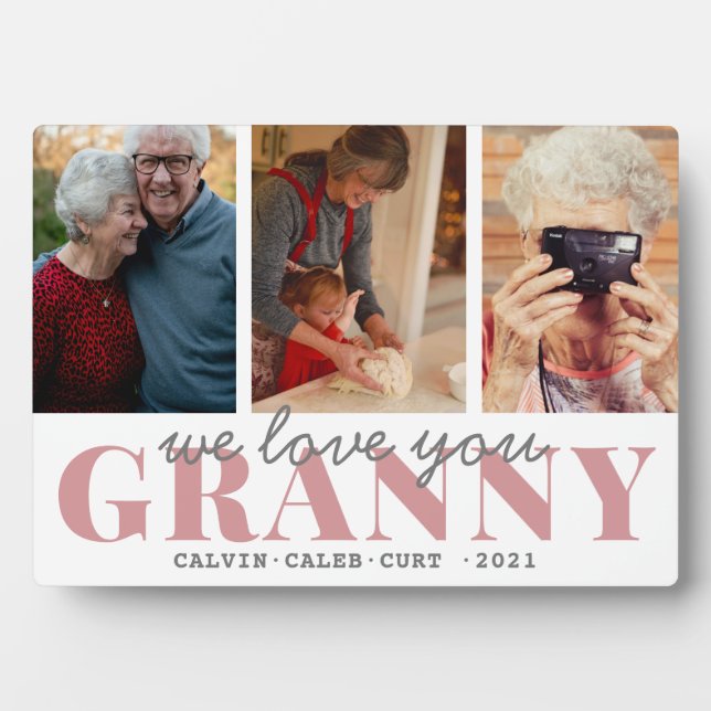 Simple 3 Photo Calligraphy we love you GRANNY Plaque (Front)