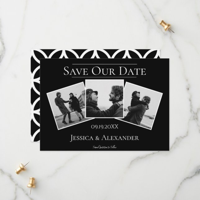 Simple 3 Photo Collage | Black Save The Date (Front/Back In Situ)