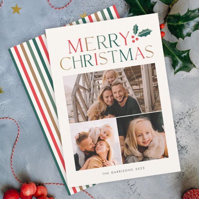 Simple 3 Photo Collage Colourful Merry Christmas Holiday Card (A Colorful Merry Christmas 3 Photo Collage Holiday Card with Holly Accent.)