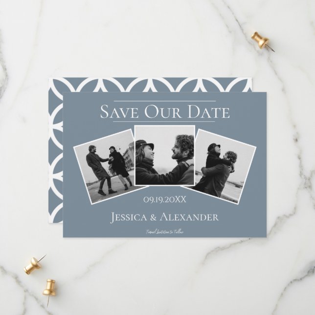 Simple 3 Photo Collage | Dusty Blue Save The Date (Front/Back In Situ)