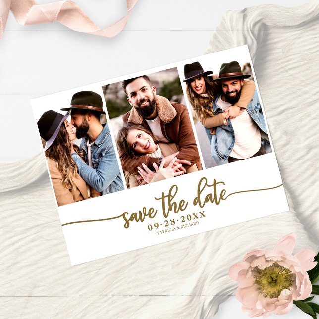 Simple 3 Photo Collage Wedding Save The Date Postcard (Creator Uploaded)