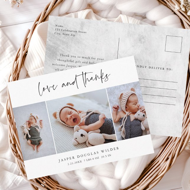 Simple 3 Photo Love and Thanks Baby Thank You Postcard (Simple 3 Photo Script Love and Thanks Baby Announcement Thank You Postcards.)