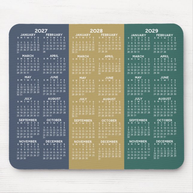 Simple 3 Year 2027 2028 2029 Calendar Colours Mouse Mat (Front)