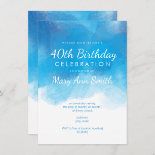 Simple 40th Birthday Party Blue Watercolor Invitation