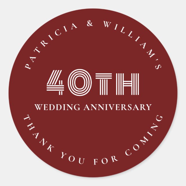 Simple 40th Wedding Anniversary Burgundy Thank You Classic Round Sticker (Front)