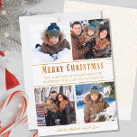 Simple 4 Photo Collage White Gold Merry Christmas Holiday Card<br><div class="desc">Simple and elegant 4 photo holiday card for you to personalize. The photo template is set up for you to add 4 of your favorite picture, which are displayed in square / instagram format. You can also edit the festive message and add your name(s). Your photos are backed with a...</div>