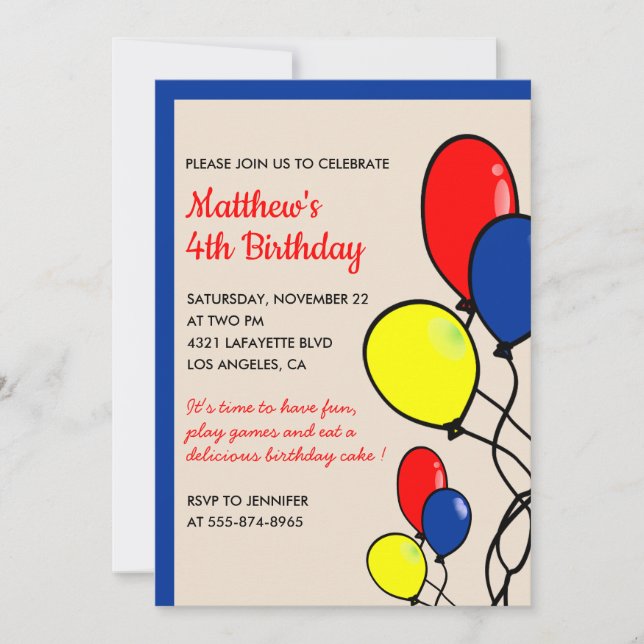 Simple 4th birthday invitations Balloons Boy (Front)
