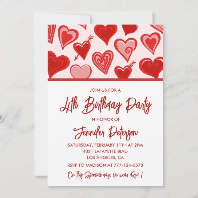 Simple 4th birthday invitations for her Hearts (Front)