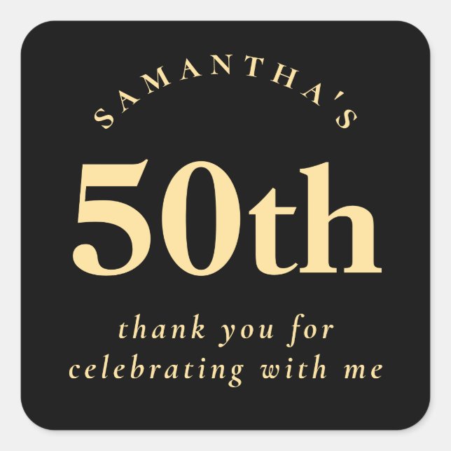 Simple 50th Birthday Black Gold Thank You Square Sticker (Front)