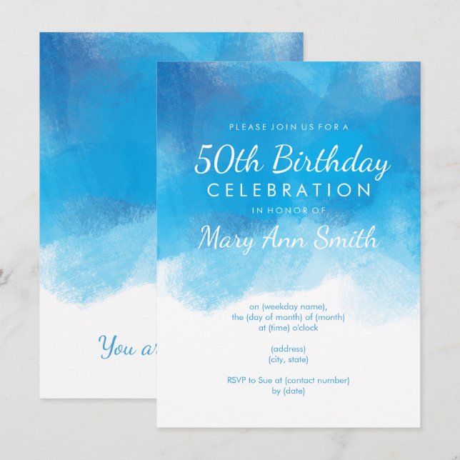 Simple 50th Birthday Party Blue Watercolor Invitation (Front/Back)