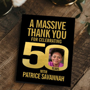 Simple 50th birthday photo black and gold  thank you card