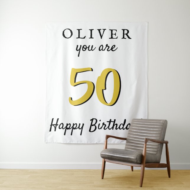 Simple 50th Happy Birthday Party Backdrop Tapestry (In Situ)