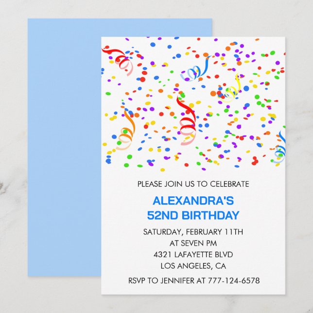 Simple 52nd birthday invitations Confetti Rainbow (Front/Back)