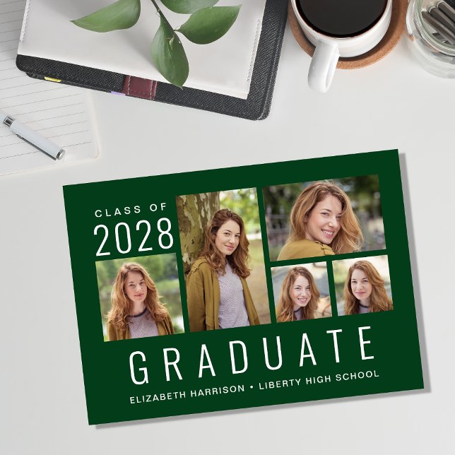 Simple 5 Photo Collage Green Graduation Announcement (Creator Uploaded)