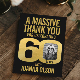 Simple 60th birthday photo black and gold  thank you card