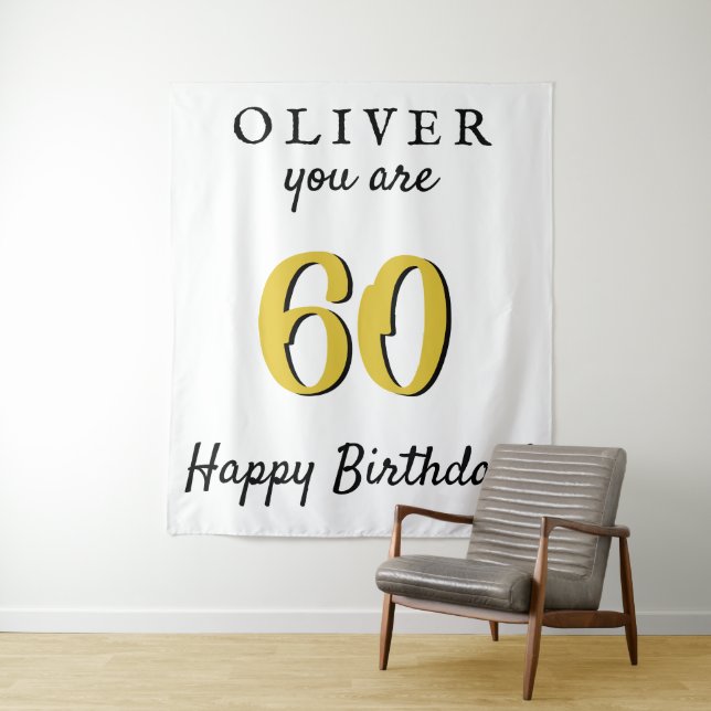 Simple 60th Happy Birthday Party Backdrop Tapestry (In Situ)