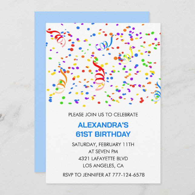 Simple 61st birthday invitations Confetti Rainbow (Front/Back)