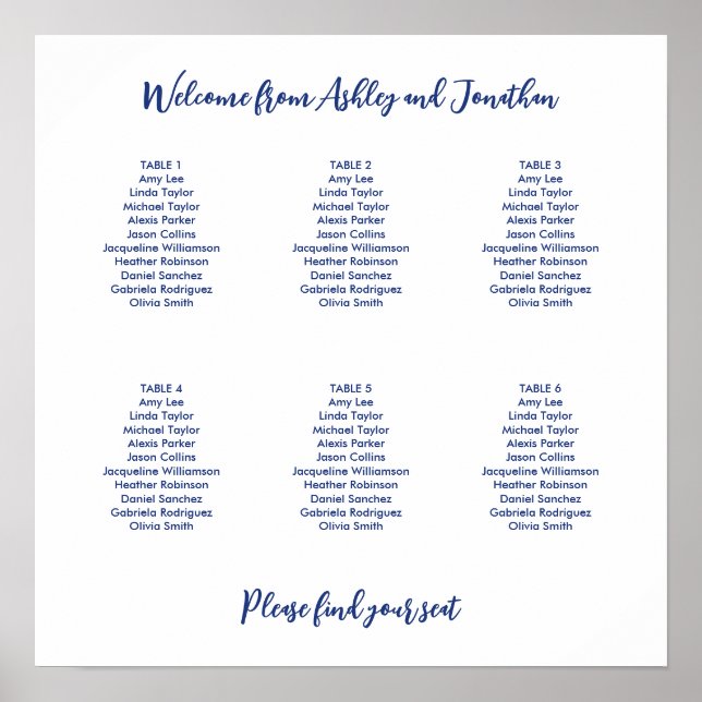 Simple 6 Table Dark Blue Seating Chart (Front)
