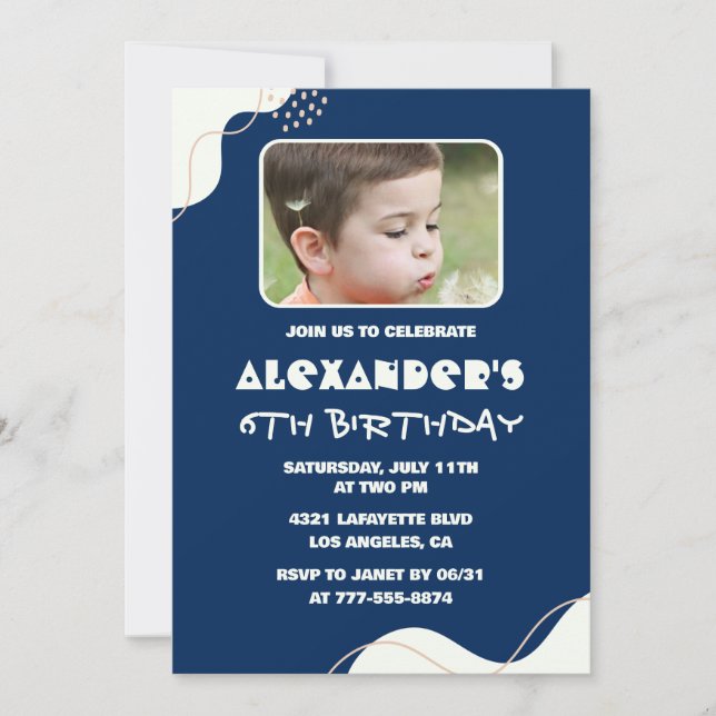 Simple 6th birthday invitations Boy Photo Navy (Front)