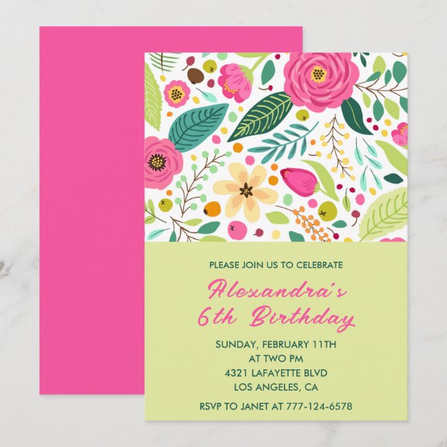 Simple 6th birthday invitations Floral Colourful  (Front/Back)
