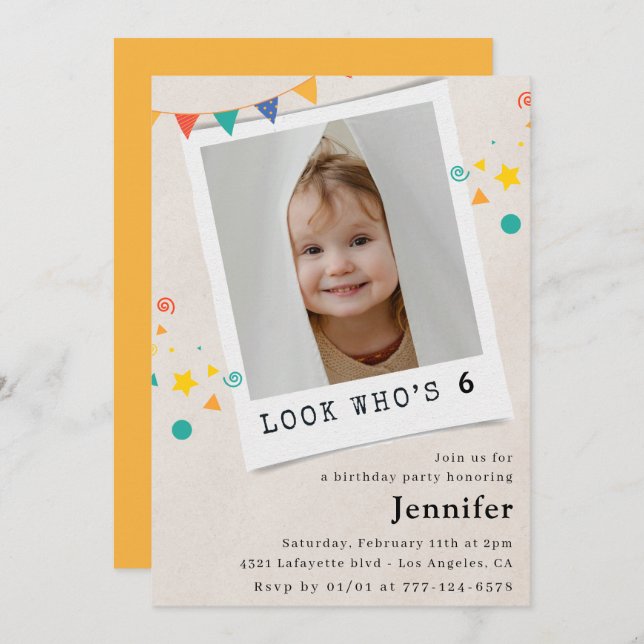 Simple 6th birthday invitations Girl Orange Photo (Front/Back)