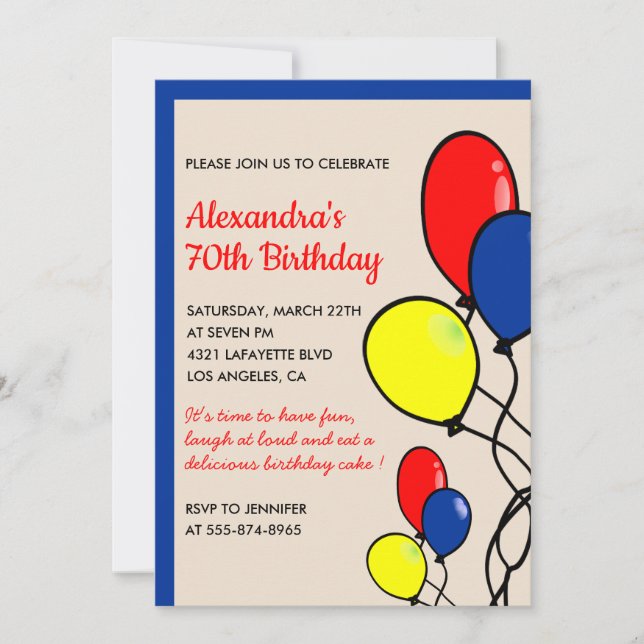 Simple 70th birthday invitations Balloons (Front)