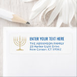 Simple 7 Candle Menorah Gold & Blue Return Address<br><div class="desc">Add the perfect finishing touch to cards, invitations, and other correspondence with these elegant white, gold, and blue return address labels. The gold is non-metallic printed color, not foil. All text can easily be customized with any greeting, name, and address. Design features a simple seven candle menorah with lit candles...</div>