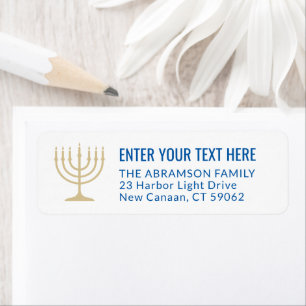 Simple 7 Candle Menorah Gold & Blue Return Address